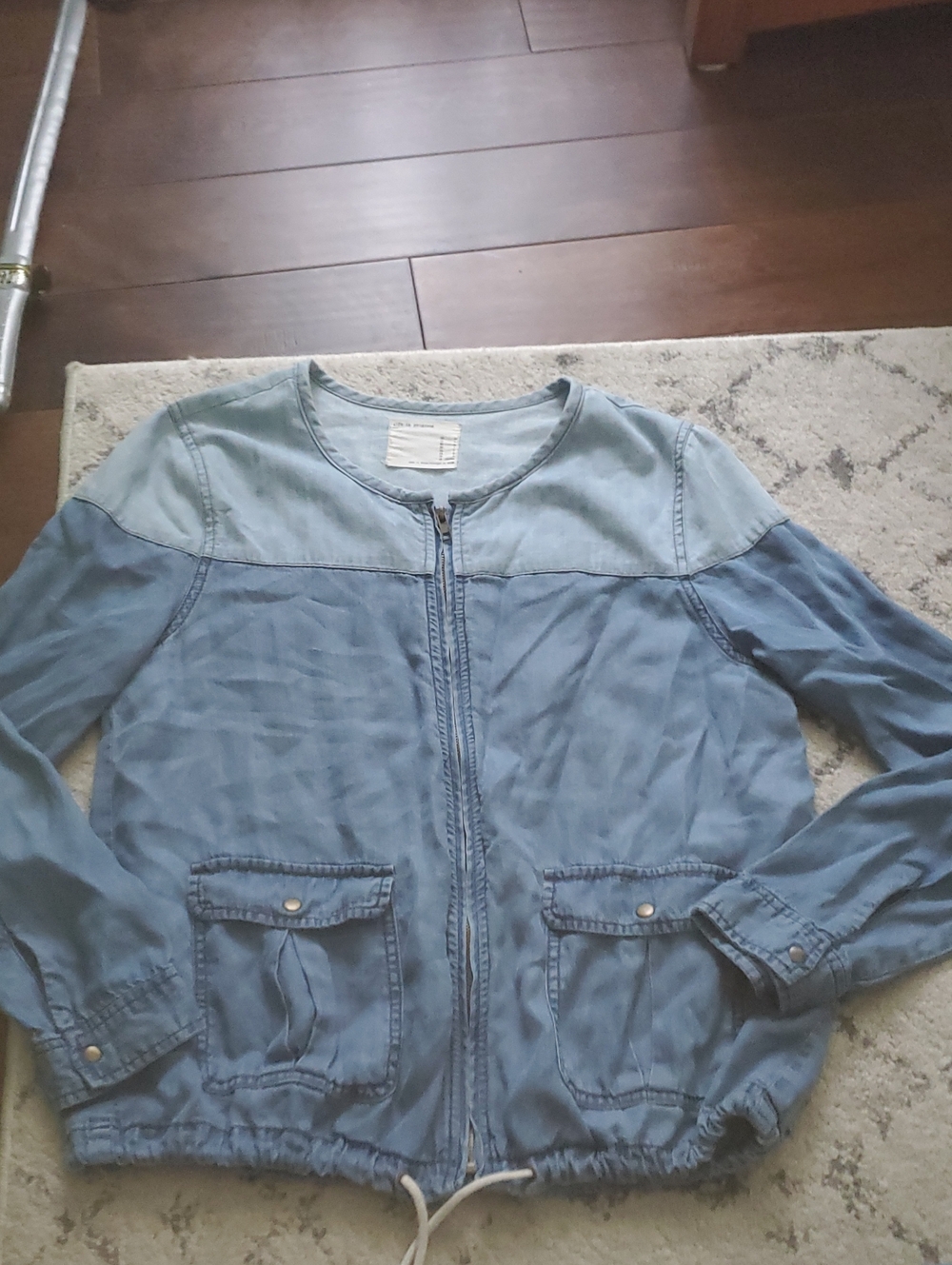 life in progress Light Blue Denim-Style Bomber Jacket Large Womens